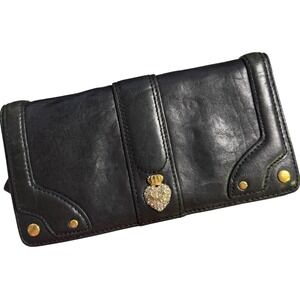 VTG Juicy Couture‎ Black Leather Wallet Clutch Snap Button Rhinestone Heart